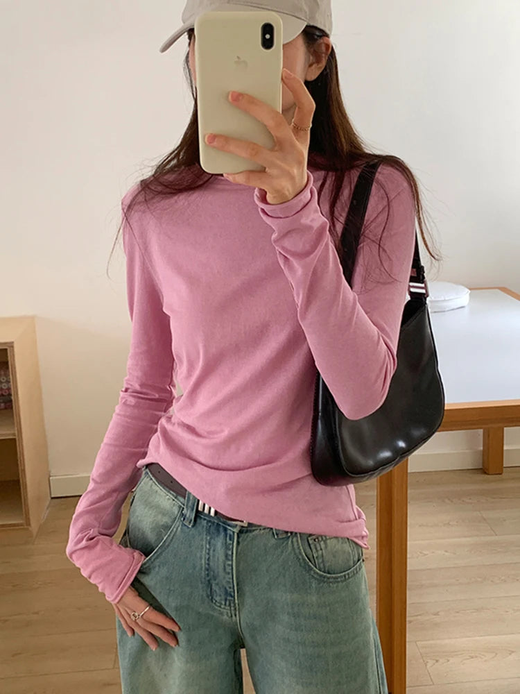 Spring Autumn T shirt Women Tops Solid Long Sleeve Ruched O Neck Tshirts Female Korean Casual Streetwear High Quality Base Tees