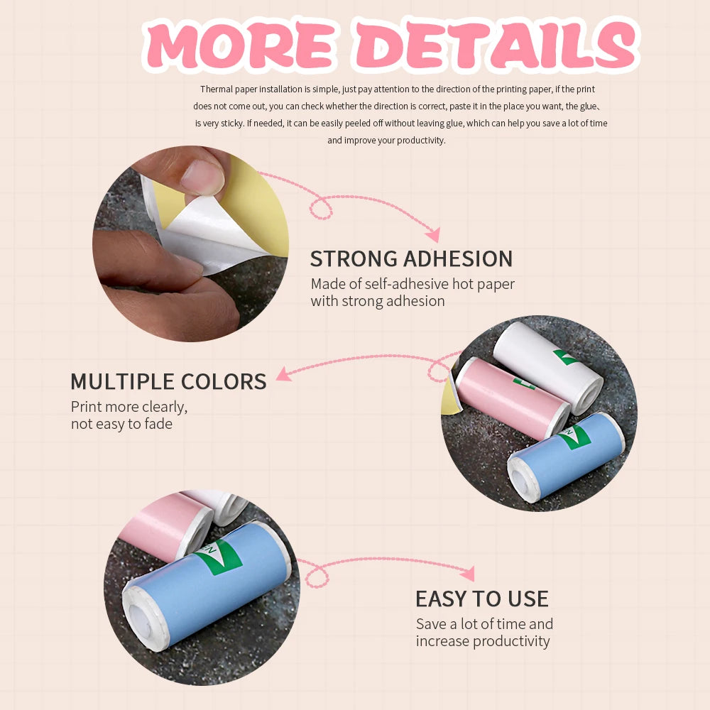 57*25MM Mini Printer Thermal Paper HD Self-adhesive Roll Paper Label Sticker Photo Inkless Printing Portable Printer Color Paper