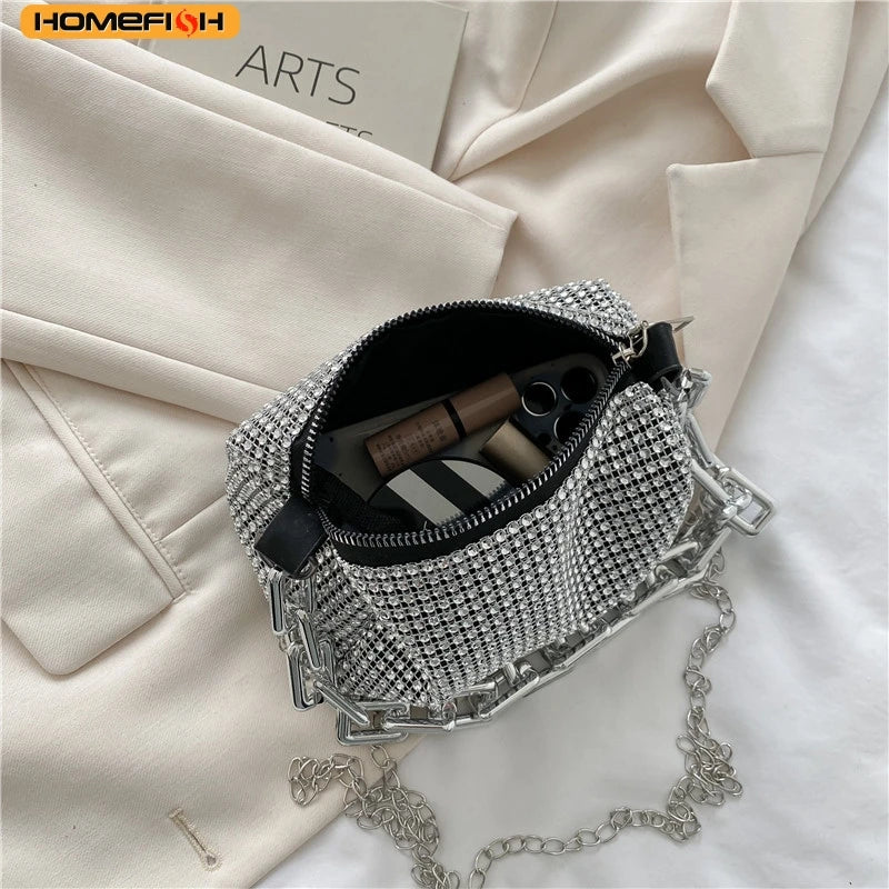 HOMEFISH Allover RhiHOMEFISH nestone Bucket Bag, Glitter Chain Prom Purse, Women's Mini Crossbody Bag