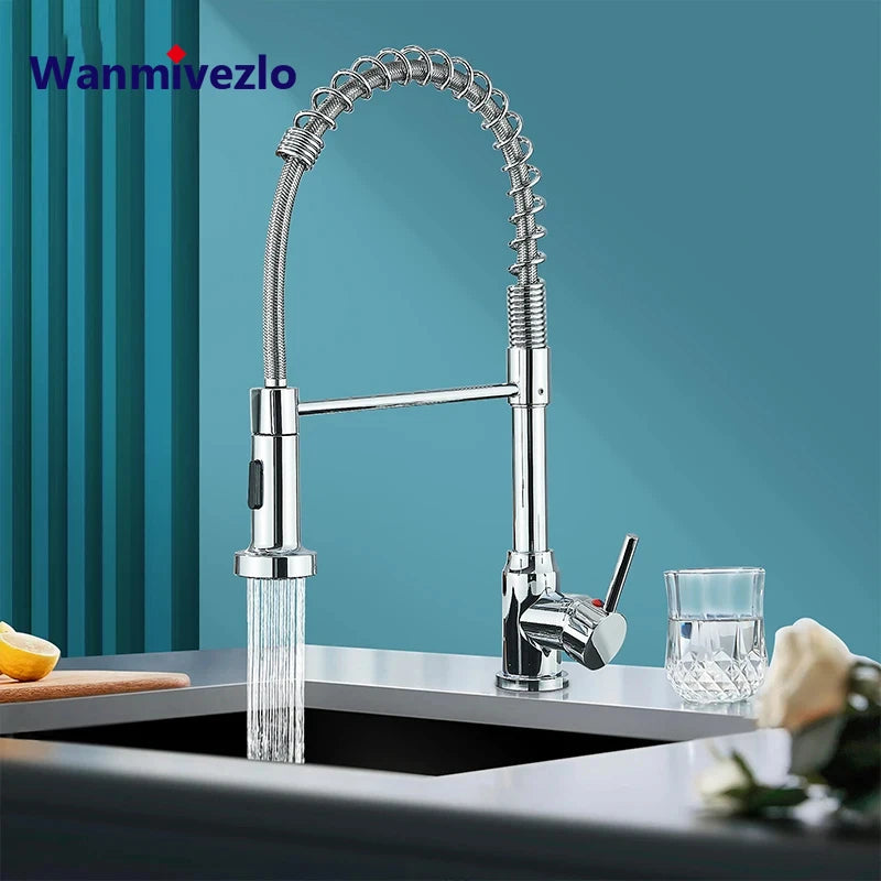 Chrome Spring Pull Down Kitchen Faucets Stream Spray Head Hot Cold Water Tap Stainless steel Rotation Kitchen Mixer Tap Crane - Shoppiline