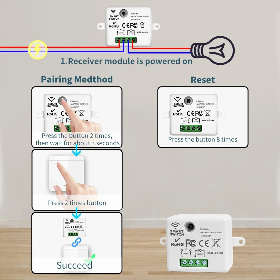 433MHz 1/2/3Gang 86 Wall Panel Switch with Remote Control Wireless Smart Switch Light Interruptor 10A 110V 220V For LED Lamp