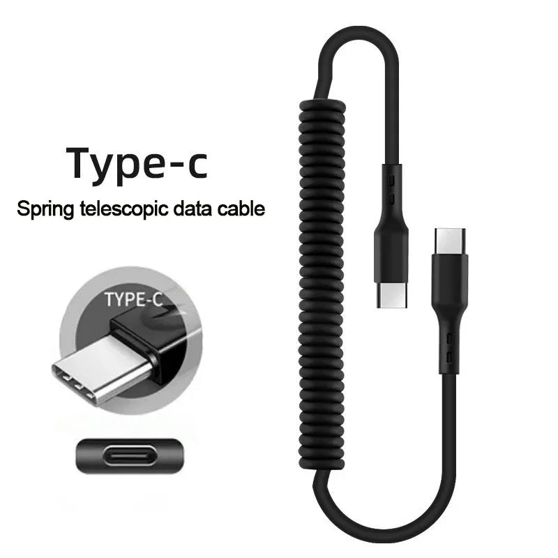 Fast Charging Type C to Type C Spring Telescopic Cable For iPhone 15 14 Samsung Xiaomi OnePlusCar USB Type C 66W & LIGHTNING PD