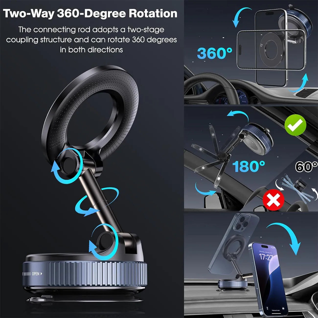[Upgrade 360° Phone Holder] 360° Adjustable Vacuum Magnetic Mount Car Phone Holder Upgrade Version Compatible with Cars Mirrors
