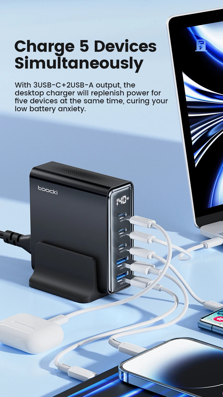 Toocki 140W GaN USB Charger 5in1 Desktop Fast Charge USB Type C Charger LED Display Charger For iPhone Xiaomi Smartphone Laptop - Shoppiline