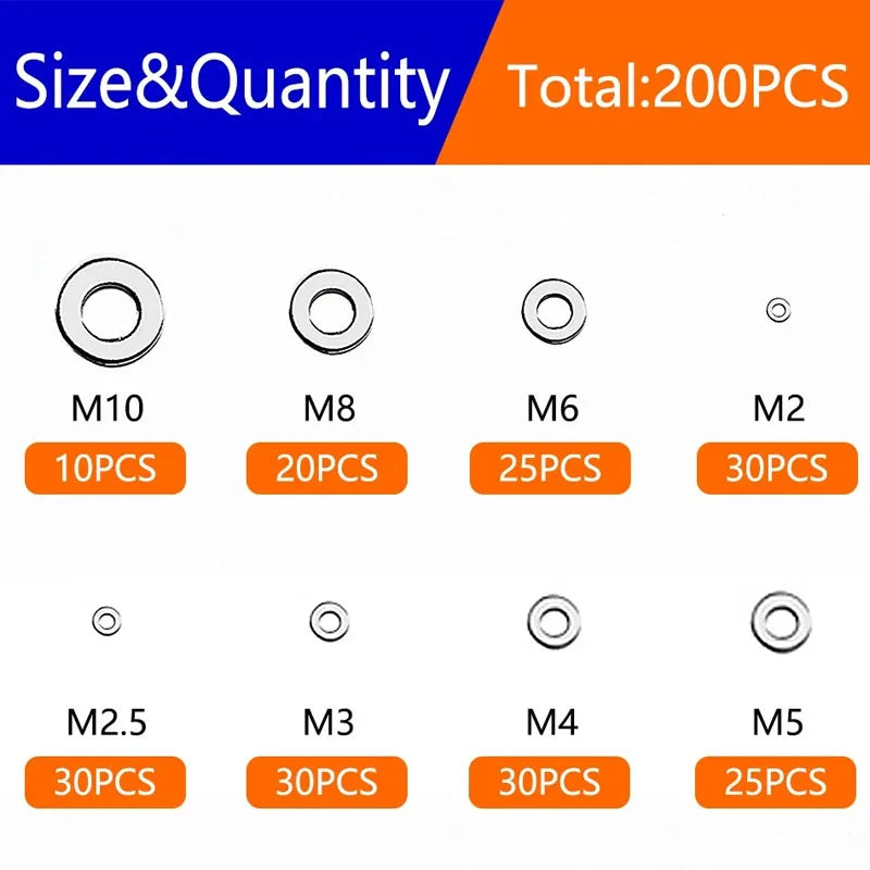 910/200pcs 304 Stainless Steel Flat Washers Assortment Kit (M2 M2.5 M3 M4 M5 M6 M8 M10 M12) Suitable for Home Decoration
