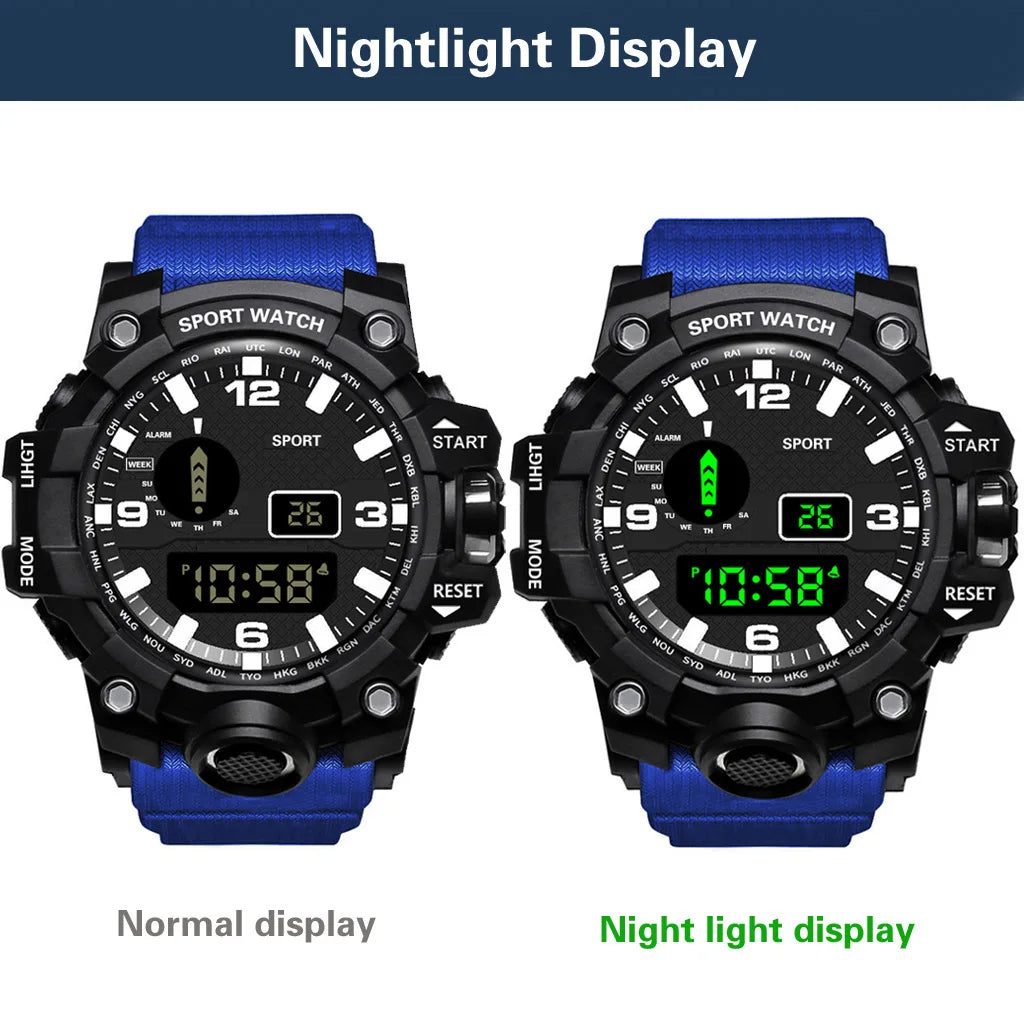Mode Herrenuhr Sportliche elektronische Armbanduhr Großes Zifferblatt Multifunktional Wasserdicht Leuchtend Alarm Kinder Militäruhr für Herren