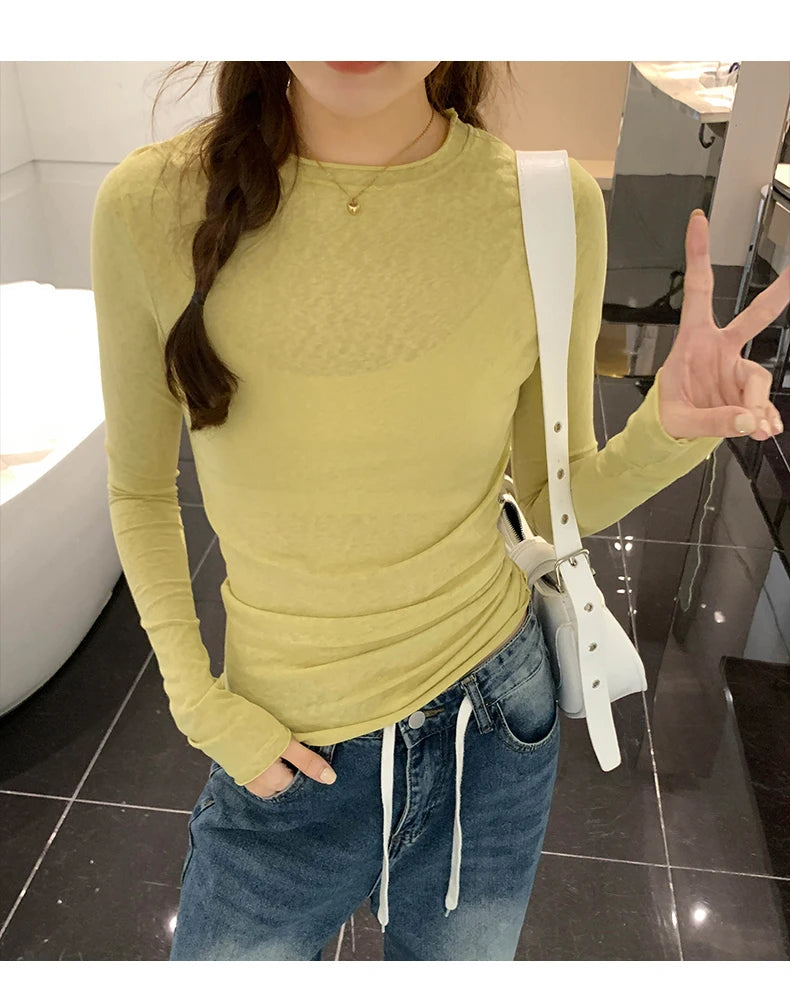 2026 Spring Autumn T shirt Women Tops Solid Slim Fit Long Sleeve O Neck Tshirts Female Casual Streetwear High Quality Base Tees