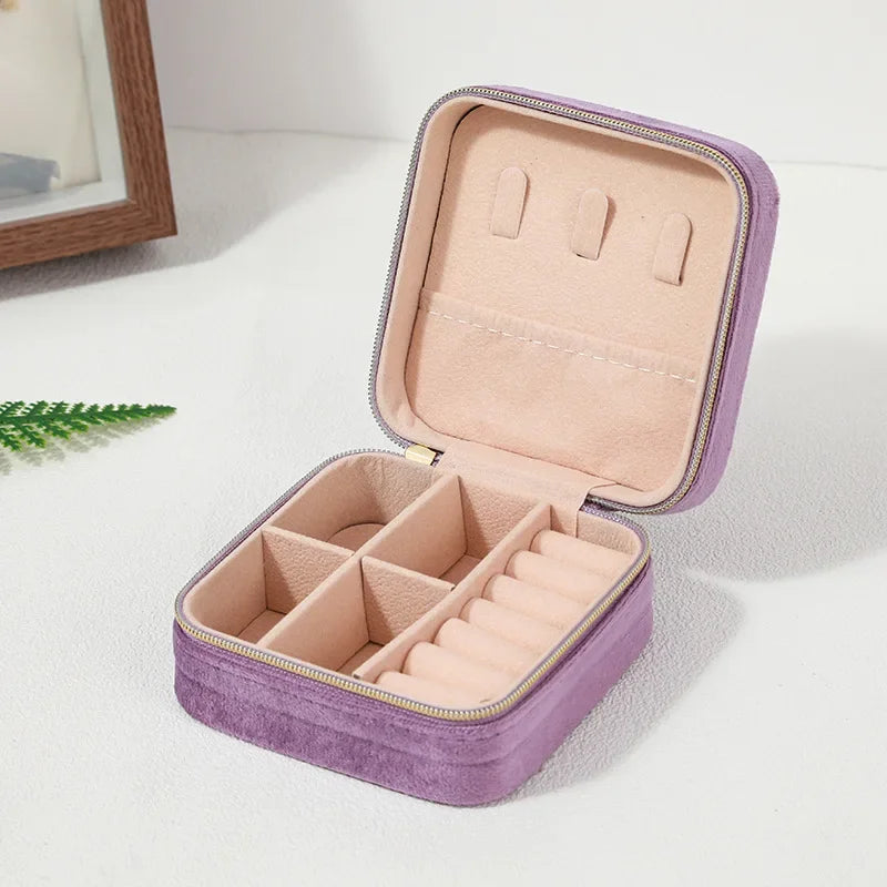 Boîte à bijoux en velours pour femmes, organisateur de colliers, bagues, boucles d'oreilles, étui de rangement portable carré à fermeture éclair