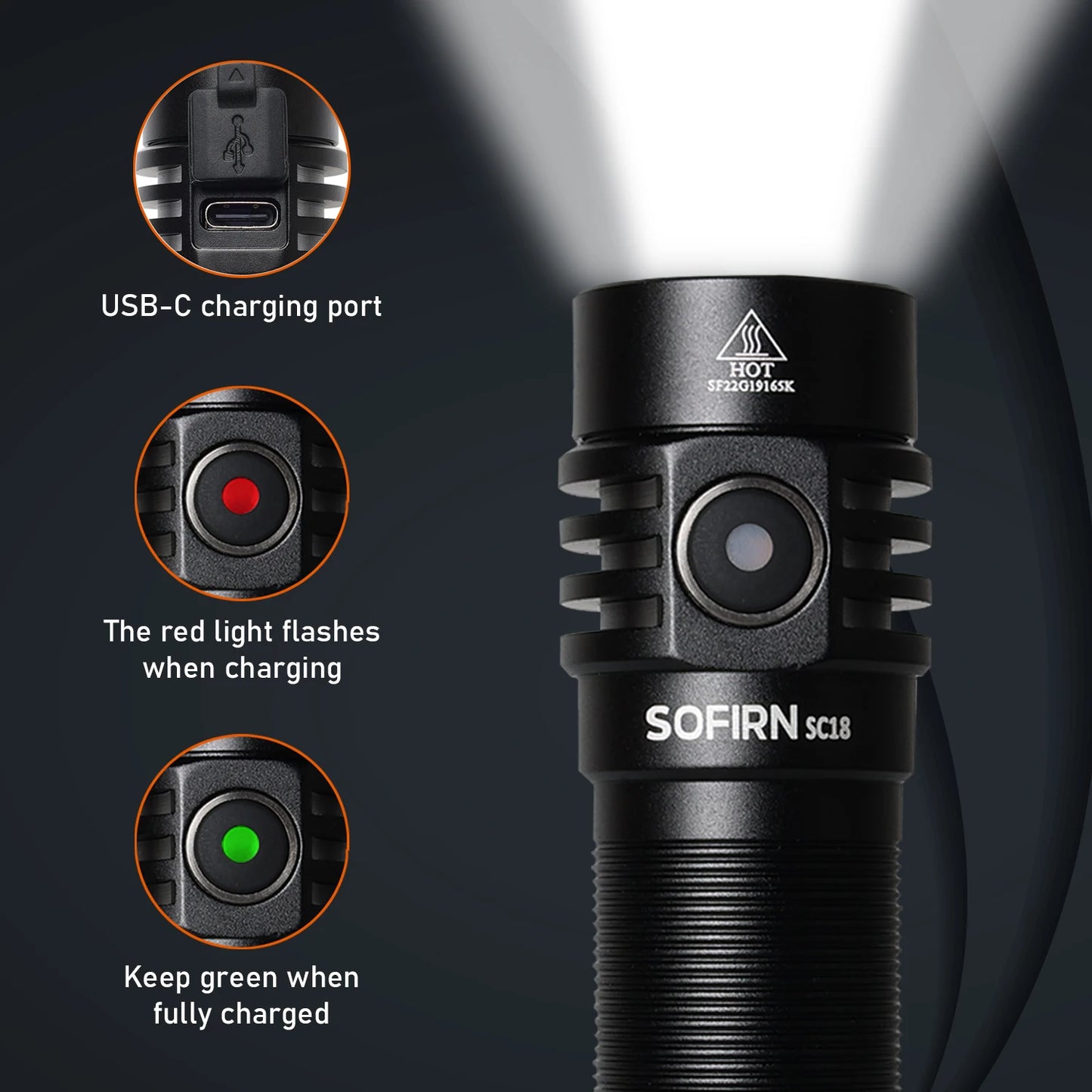 Sofirn SC18 1800lm EDC Flashlight USB C Rechargeable SST40 LED 18650 Torch TIR Optics Lens Lantern with Power Indicator - Shoppiline