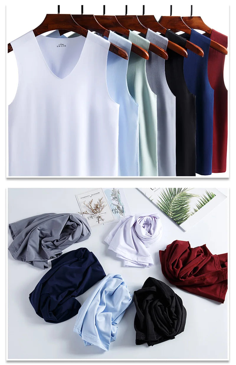 Gilet d'été en soie glacée non marquant pour hommes, débardeur moulant de sport et de fitness, sans manches, respirant, vêtement d'intérieur