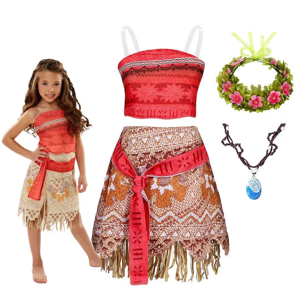 Ozean-Abenteuer-Cartoon-Rollenspielkostüm Moana Zweiteiliges Kleid für Mädchen im polynesischen Stil Vaiana Prinzessinnenkostüm Halloween