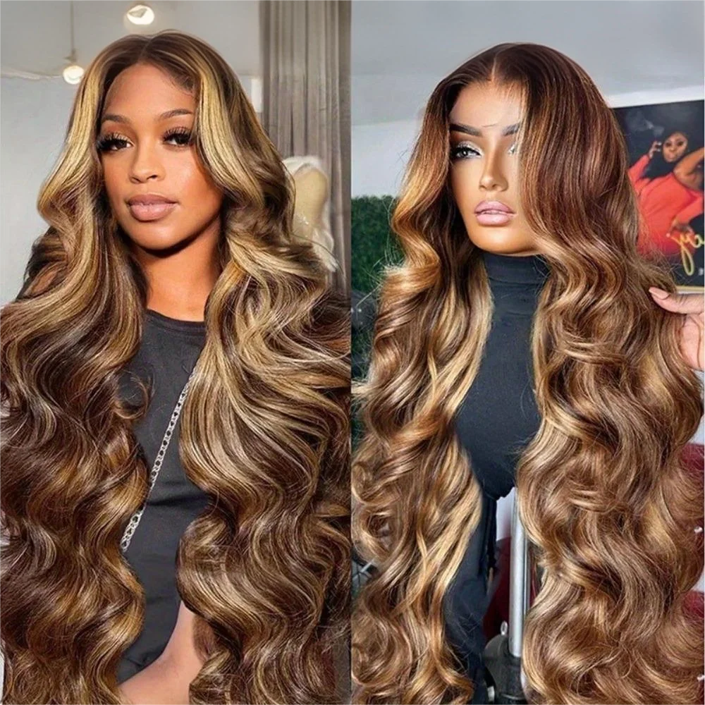 30 Zoll Honigblond Ombre Lace-Front-Perücke Echthaar 13x4 HD Lace-Front-Perücke 4/27 Highlight Ombre Body Wave Lace Frontal Ohne Kleber