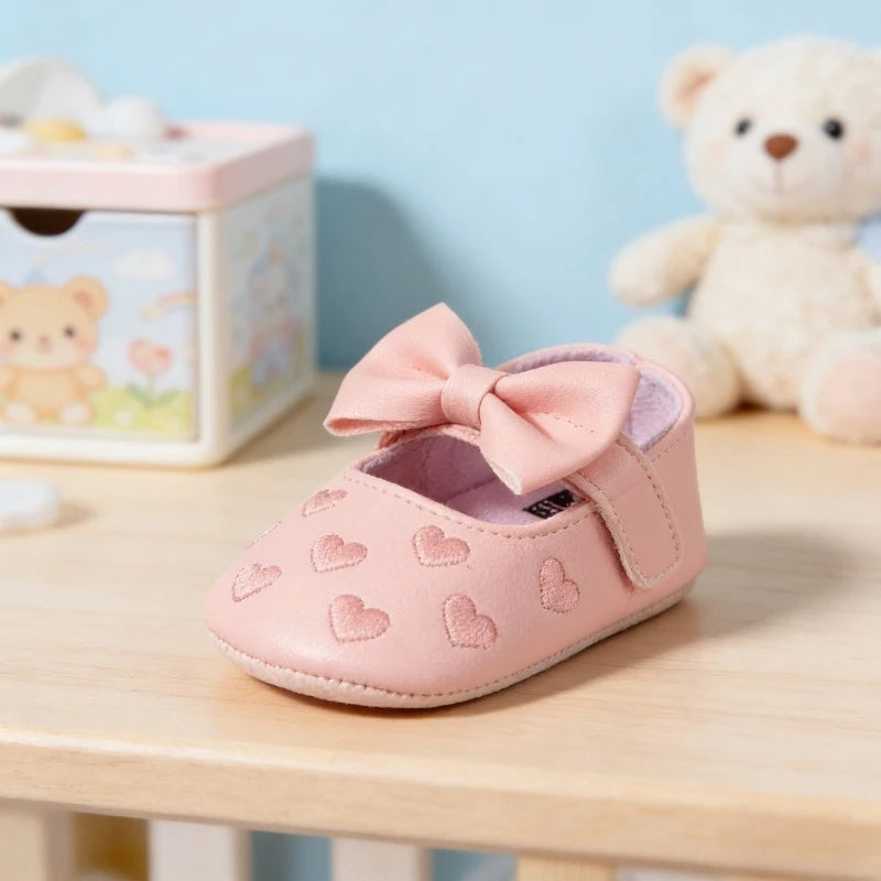 Baby-Mädchen Lauflernschuhe für drinnen 0-18 Monate, weiche Baumwollsohle, rutschfest, mit Schleifenstickerei, Klettverschluss-Schühchen