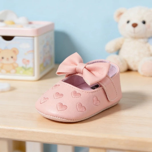 Baby Girls Indoor First Walker Shoes 0-18 Months Soft Cotton Sole Non-Slip Bowknot Embroidery Hook & Loop Booties