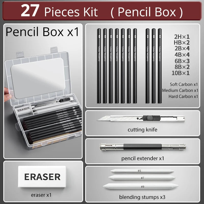 27/38/47pcs Drawing Pencils Sketch Box Set Sketching Kit Pro Art Sketch Supplies Charcoals Kneaded Eraser Extender Pencil Case