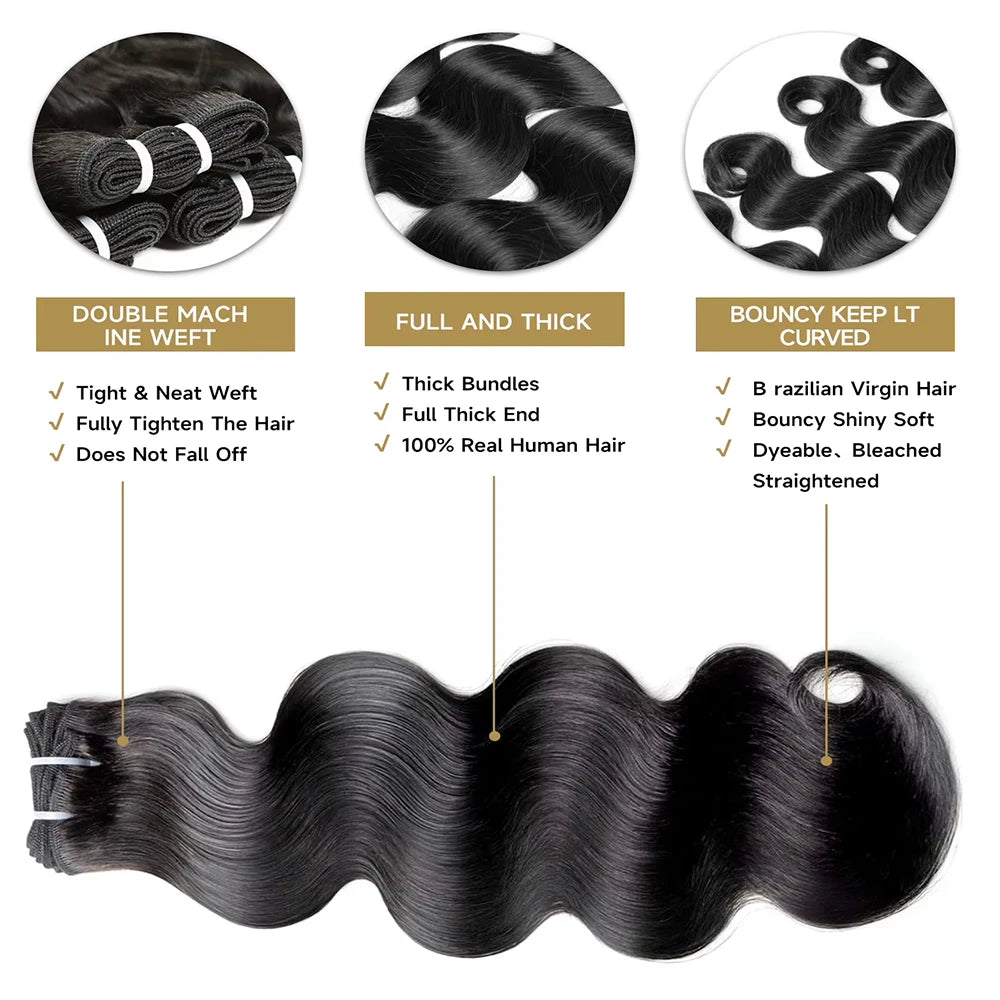 30 32 Inch Full Head Body Wave Bundles 100% Raw Human Hair Weaving Virgin Hair Extensions 1 3 4 Pcs Natural Black Color Double Weft Remy Hair Thick Full Ends Hair Bundles