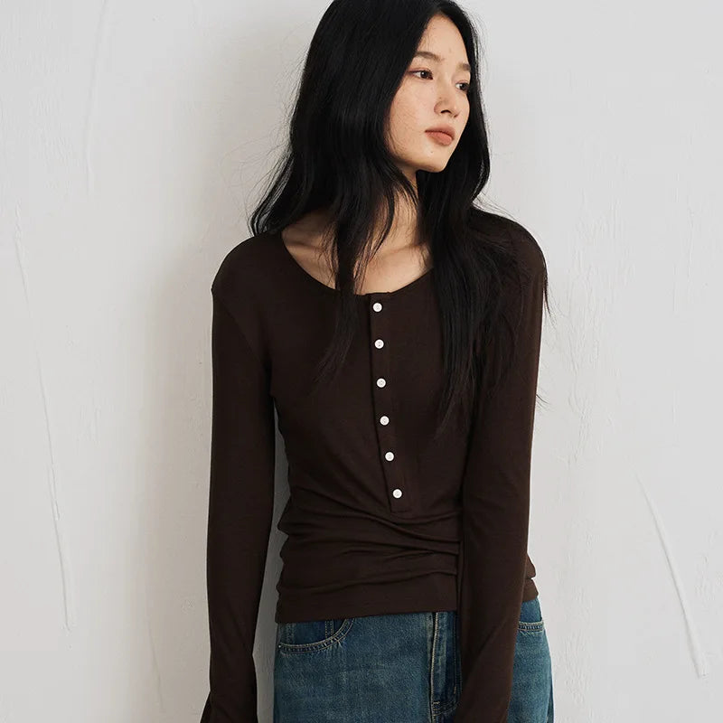 Silk Wool Basic Shirt For Women Autumn Winter Round Button Neck Slim Knitwear, Solid Color Striped Long Sleeve Top
