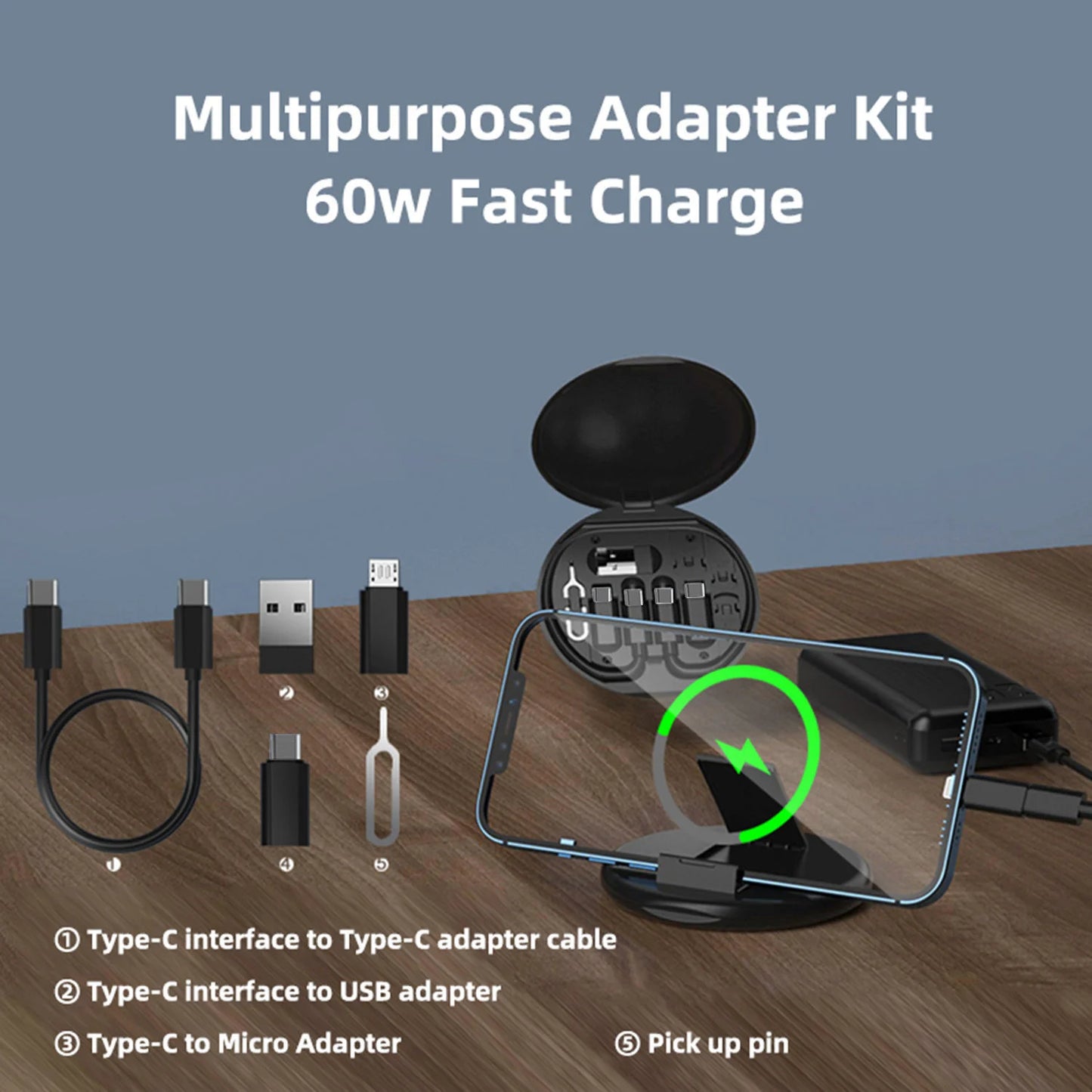 Portable Multifunctional Data Cable Storage Box, 60W Fast Charging Mobile Phone Holder Charging Cable Set Multi Head Conversio