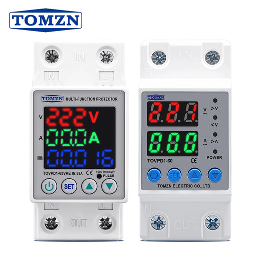 DIN Rail Dual Display Adjustable Over Voltage Current And Under Voltage Protective Device Protector Relay 40A 63A 80A 220V 230V