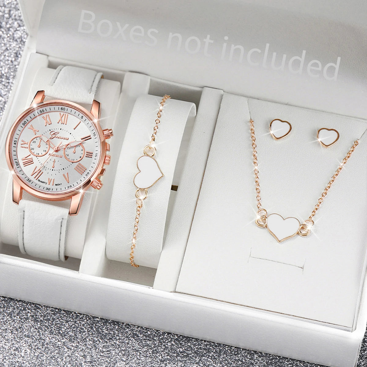5/6 Stück modische Damen-Quarzuhren mit Lederarmband, analoge Armbanduhren, Herz-Strass-Schmuckset (ohne Box)