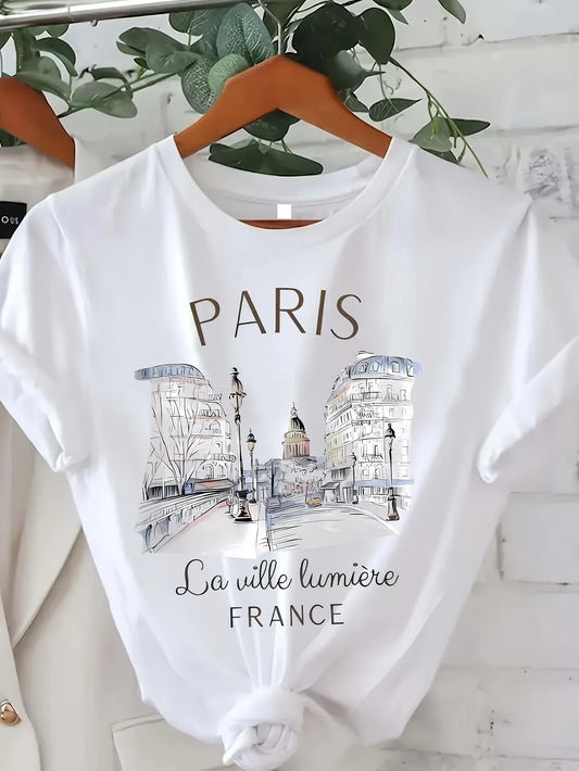 90er Jahre T-Shirt Paris Damen Print T-Shirt Mädchen Kurzarm Rundhals Freizeit Oberteil für Sommer Frühling Damenbekleidung