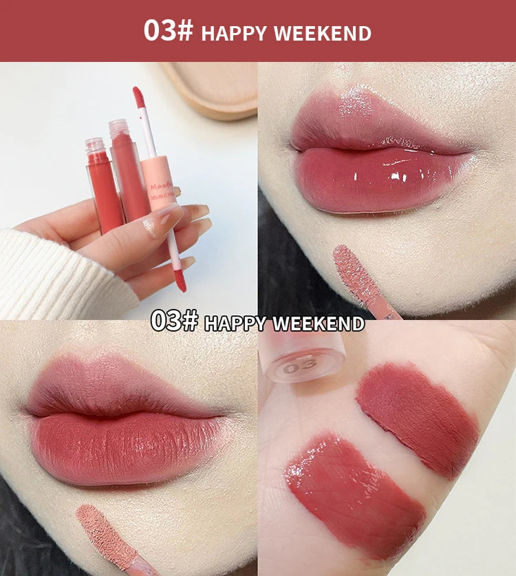 Doppelseitiger Lip Glaze Vollglanz Spiegel und mattes Samt Langzeit-Farbe und Feuchtigkeit Lip Gloss Anti-Flecken Kosmetik Lip Glaze