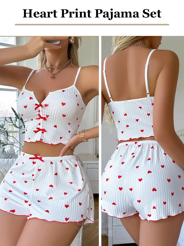 Sleepwear Women Pajamas Set Heart Print Soft Ribbed Fabric with Flirty Frill Trim Casual Cami Top and Shorts Sets Loungewear