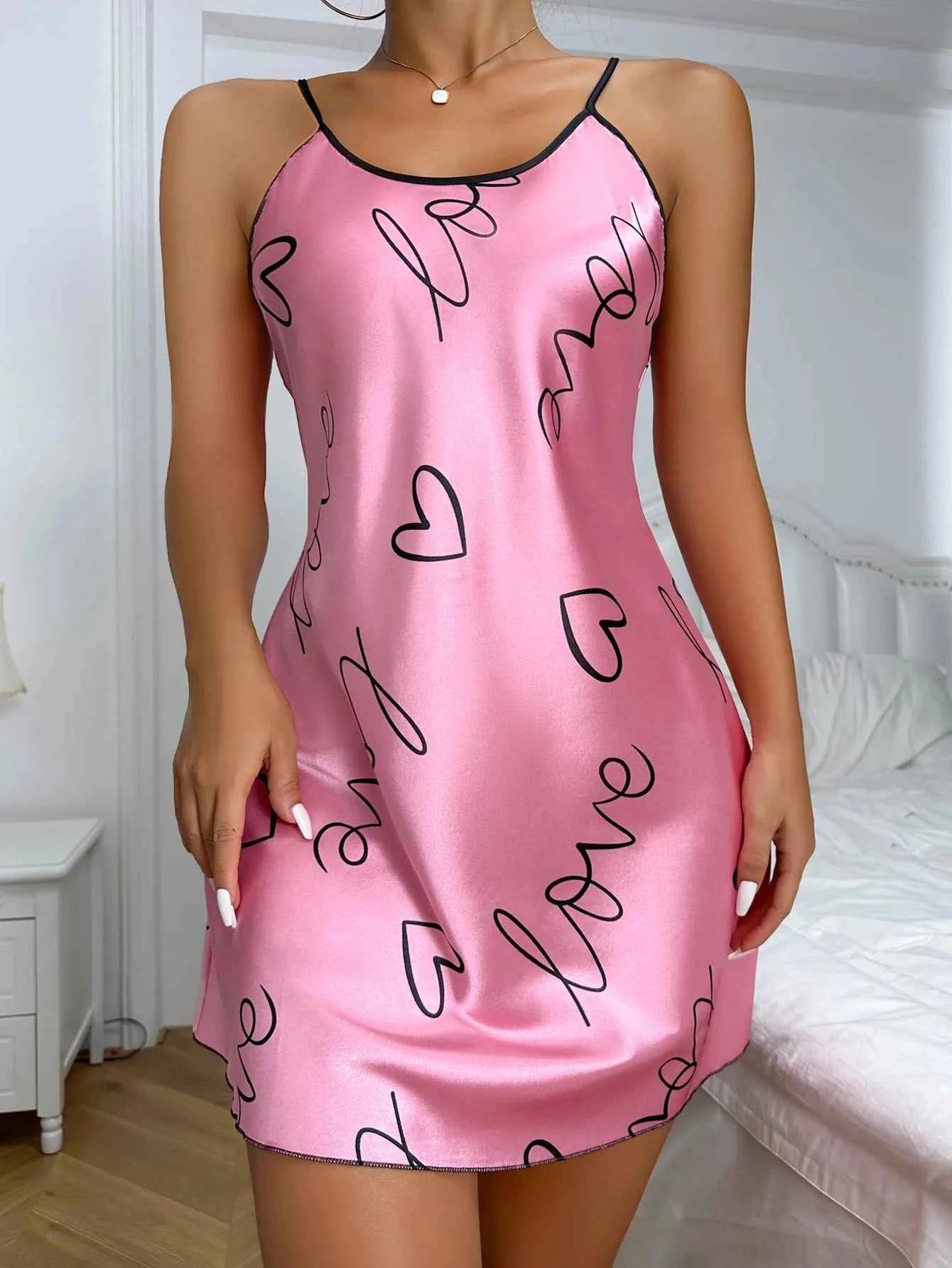 Heart Letter Print Nightdress Casual Round Neck Spaghetti Strap Sleep Dress Women's Sleepwear Dresses