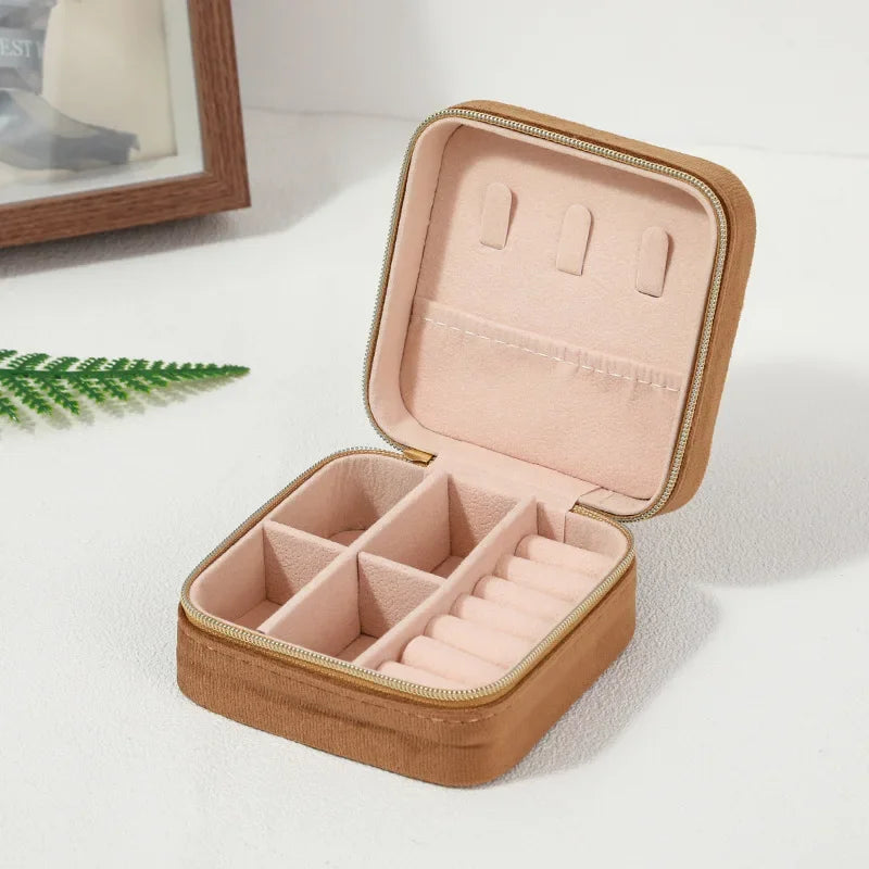 Boîte à bijoux en velours pour femmes, organisateur de colliers, bagues, boucles d'oreilles, étui de rangement portable carré à fermeture éclair