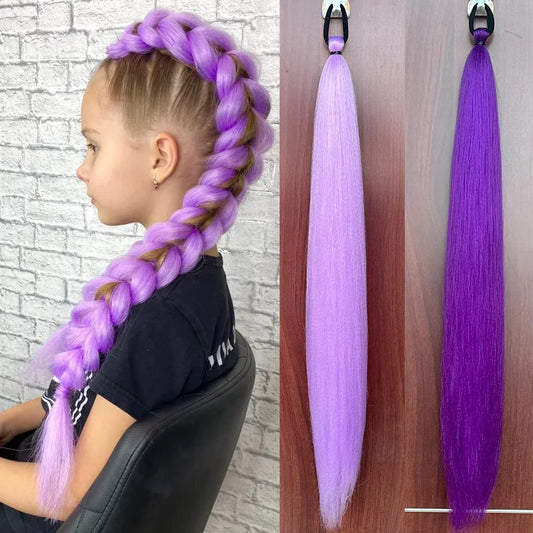 28Inch Synthetic Long Straight Ponytail Purple DIY Braided Ponytail With Rubber Band Halloween Hair Accessories For Woman