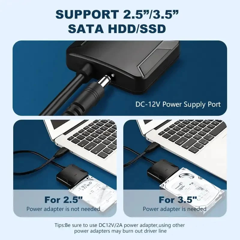SATA to USB 3.0 Cable SATA III Hard Drive Adapter Converter for 2.5" 3.5" SSD HDD Hard Drive Disk with 12V/2A Power Adapterer