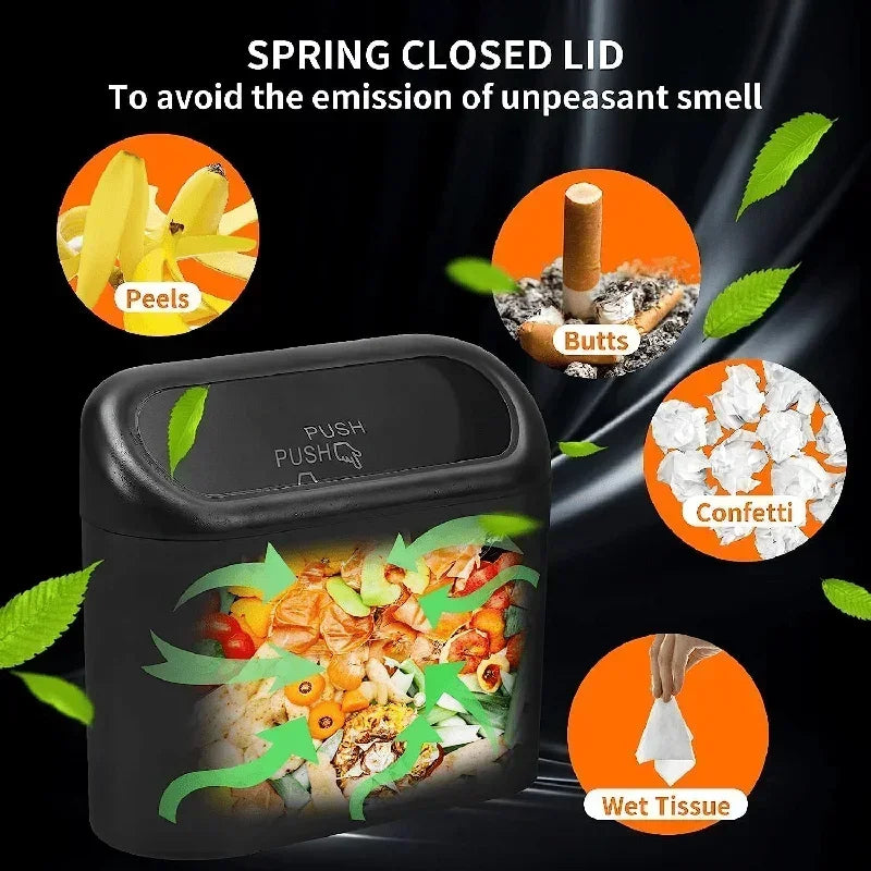 The covered car trash can contains 3 black garbage bags. The small car trash can is leak proof and miniature