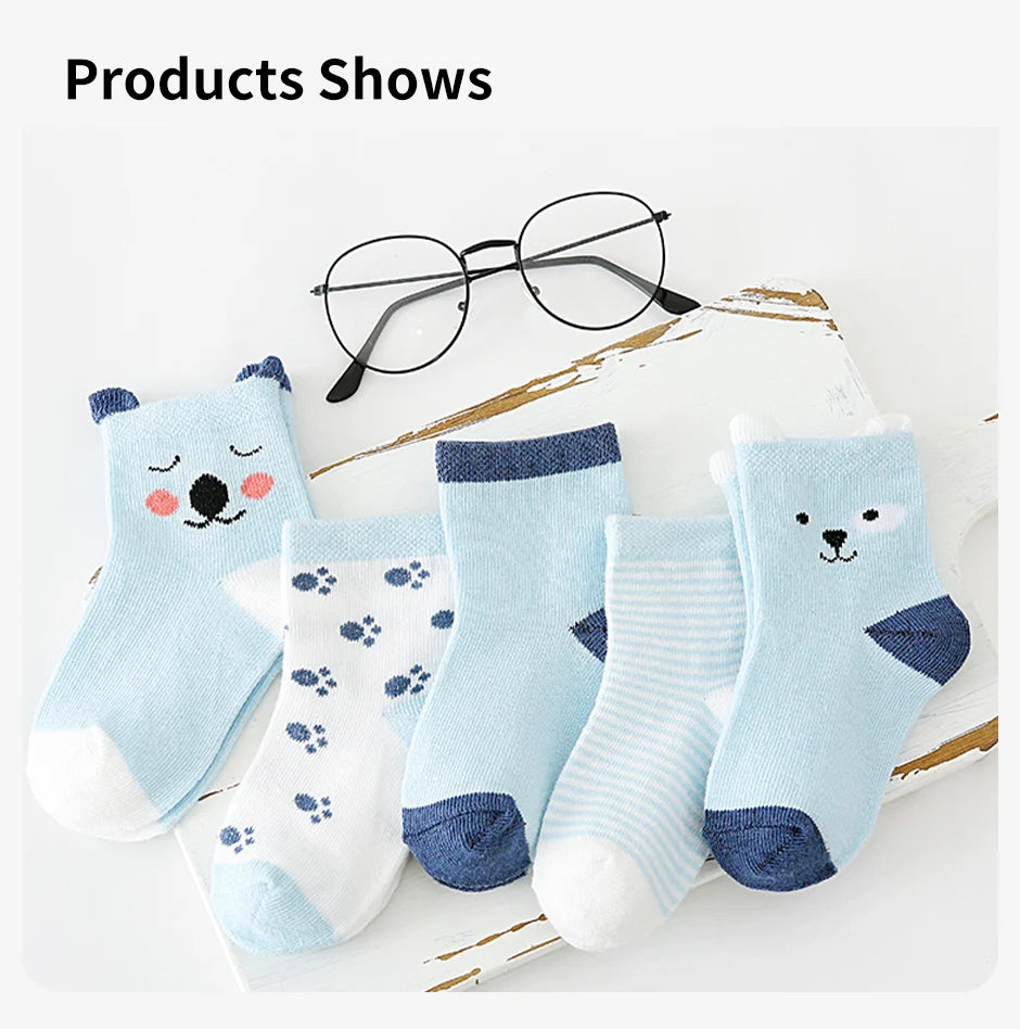 5 Paar Cartoon-Babysocken Frühling Herbst Streifen Punkte Mädchen Jungen Söckchen Weiche Kleinkind Kinder Kurze Socken