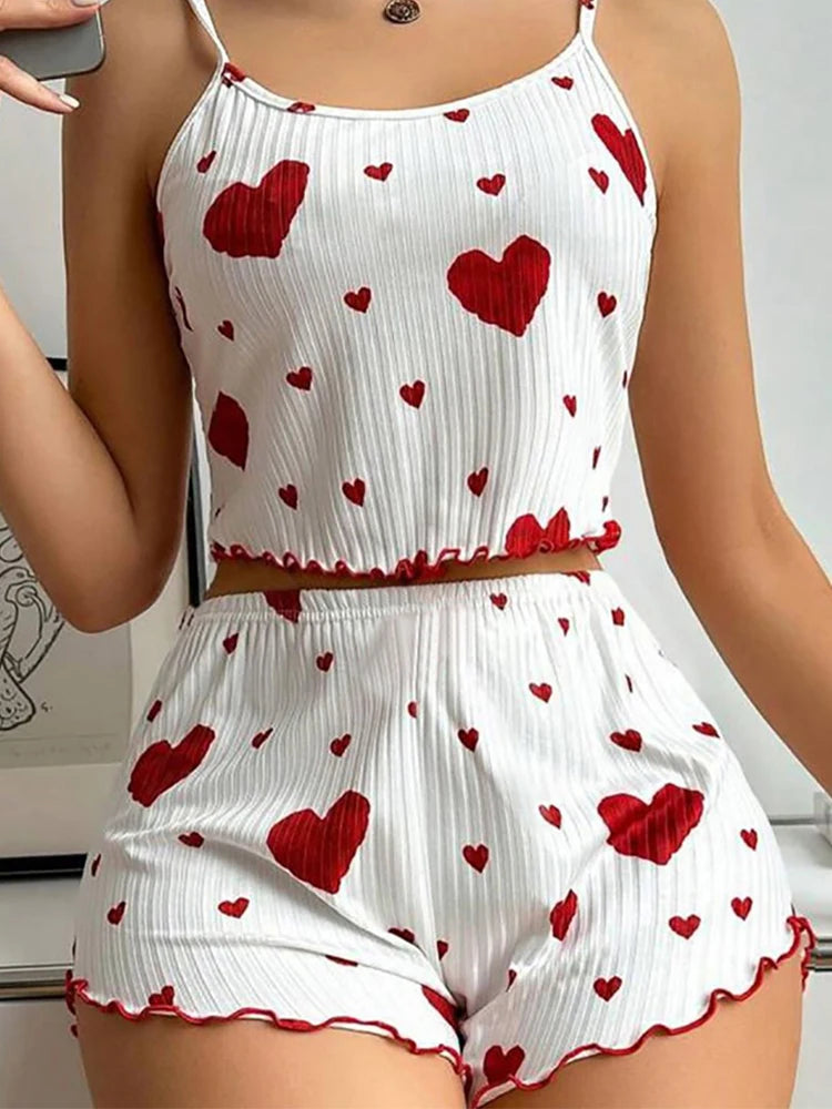 Ensemble de pyjama pour femme 2 pièces : débardeur court et short - Tailles S M L - Blanc - Aéré, doux, décontracté, motif Love