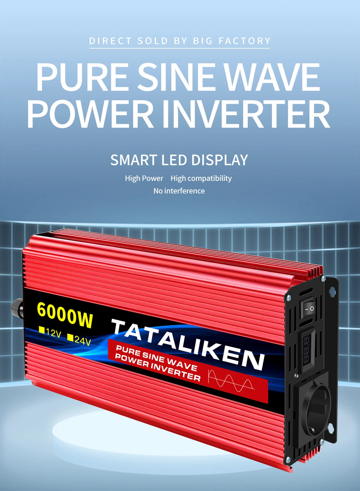 Inverter Pure Sine Wave  2500W/3500W/4500W/5000WDC 12V/24V to AC 220V 230V Voltage Transfer Converter Charging Adapter EU Socket - Shoppiline