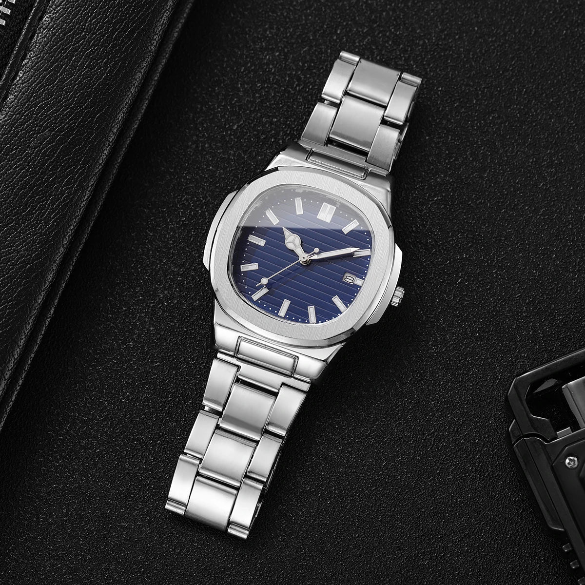 Herrenmode Armbanduhren, Business-Quarzuhr mit quadratischem Zifferblatt, Edelstahlarmband und Kalender für Herren (ohne Box)