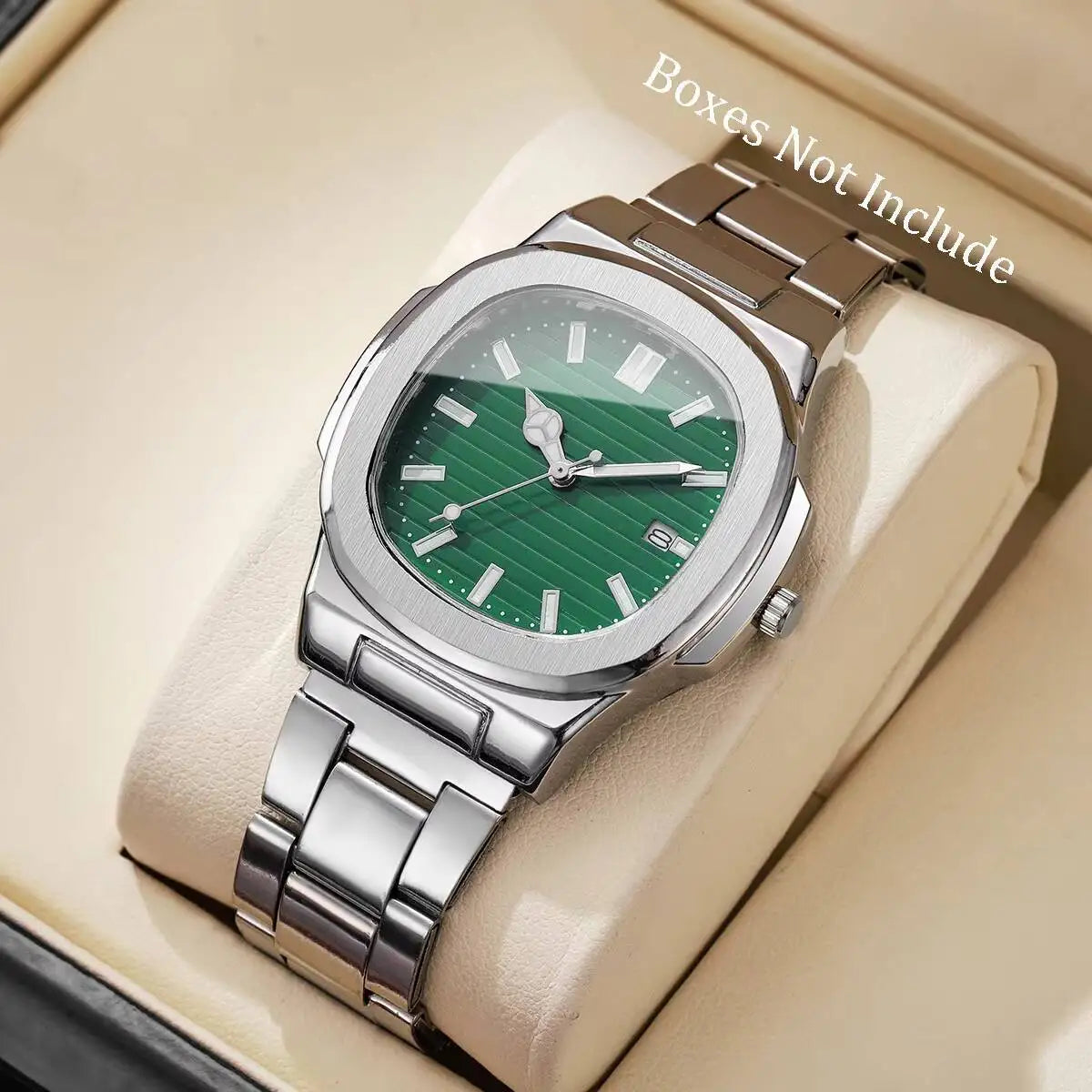 Luxus Herren Business Uhren Mode Quadratisches Zifferblatt Edelstahlarmband Quarzuhr mit Kalender für Herrenuhr (Ohne Box)