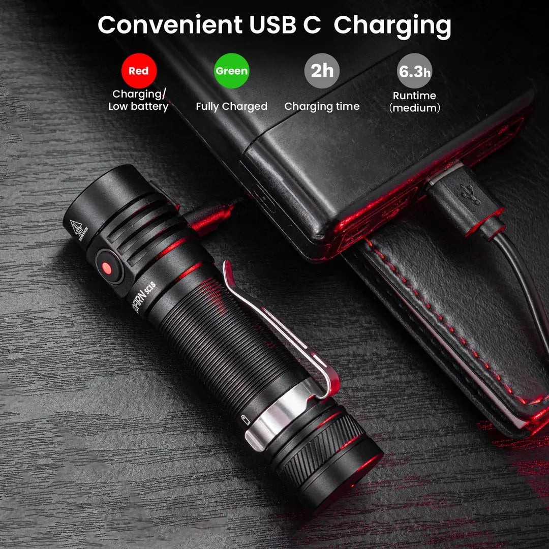 Sofirn SC18 1800lm EDC Flashlight USB C Rechargeable SST40 LED 18650 Torch TIR Optics Lens Lantern with Power Indicator - Shoppiline