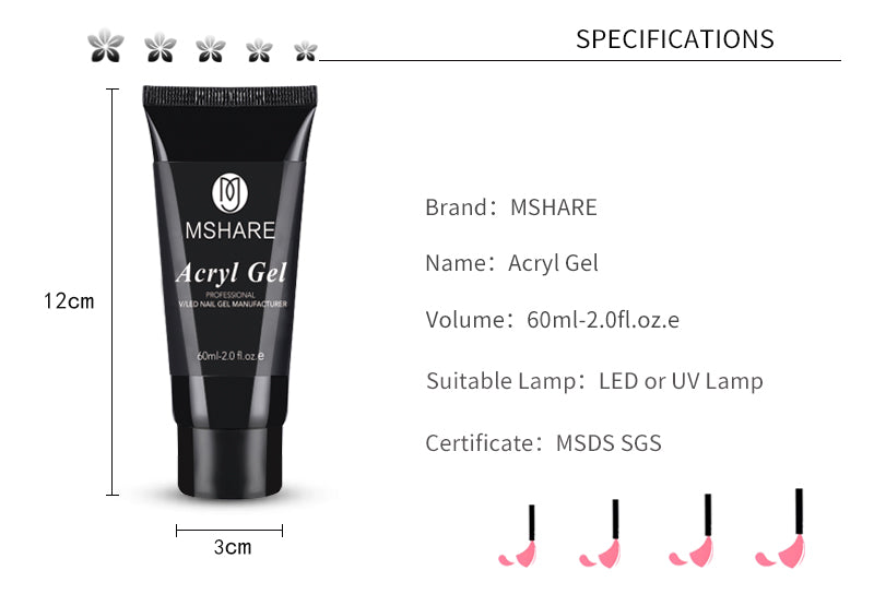 MSHARE Poly Nails Acryl Gel 60ml Builder UV Led Acrylgel Nagelverlängerungen Acryl Rosa Weiß Klar Acrylat HEMA TPO-freies Gel