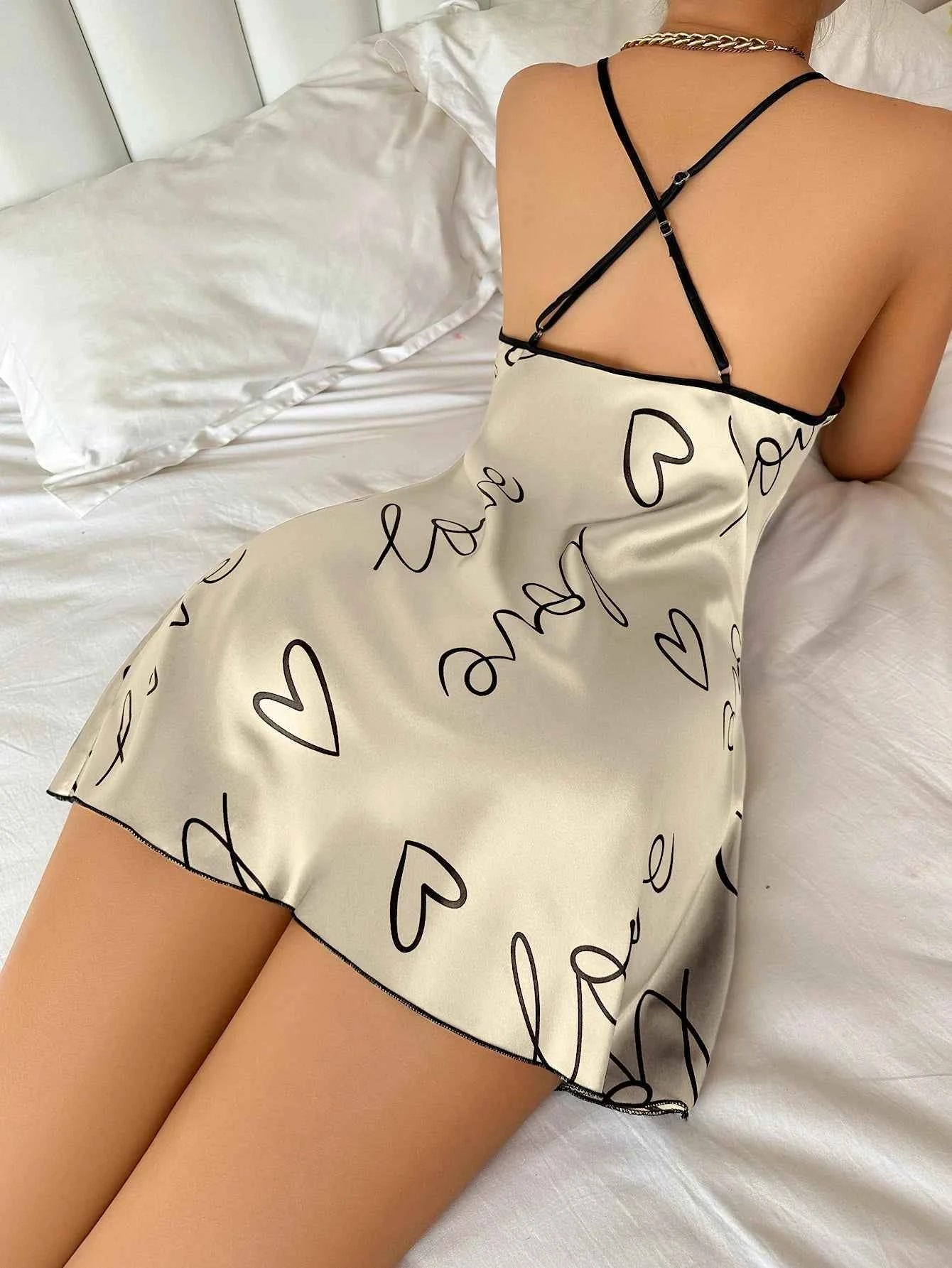 Heart Letter Print Nightdress Casual Round Neck Spaghetti Strap Sleep Dress Women's Sleepwear Dresses