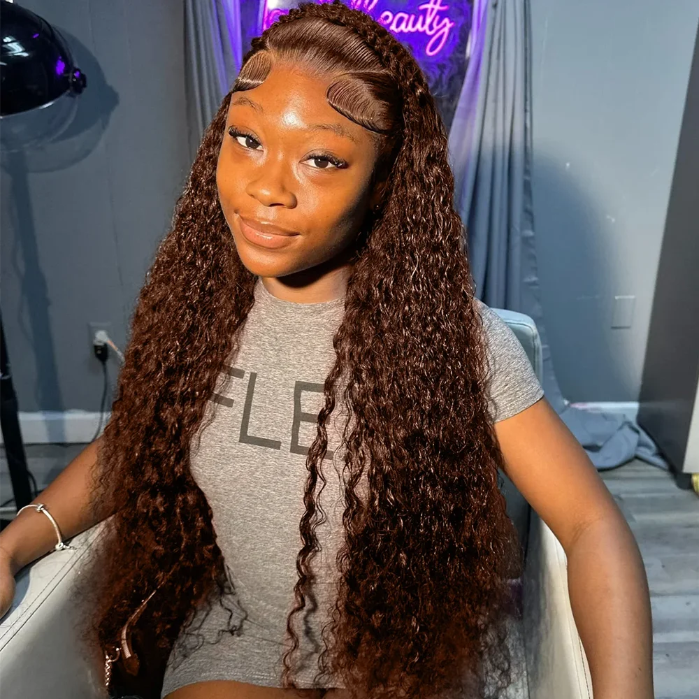 Schokobraune Deep Wave 13x6 Lace Front Perücke Echthaar Wasserwelle 250% Dichte Lockige Perücke Echthaar Braune Perücken Vorgezupft