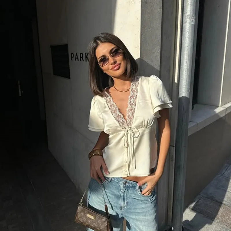 Women Solid Lace Tops V-Neck Short Sleeves Satin Slim Regular Streetwear Tees Female Summer Pure Desire Hot Girl T Shirts 2026