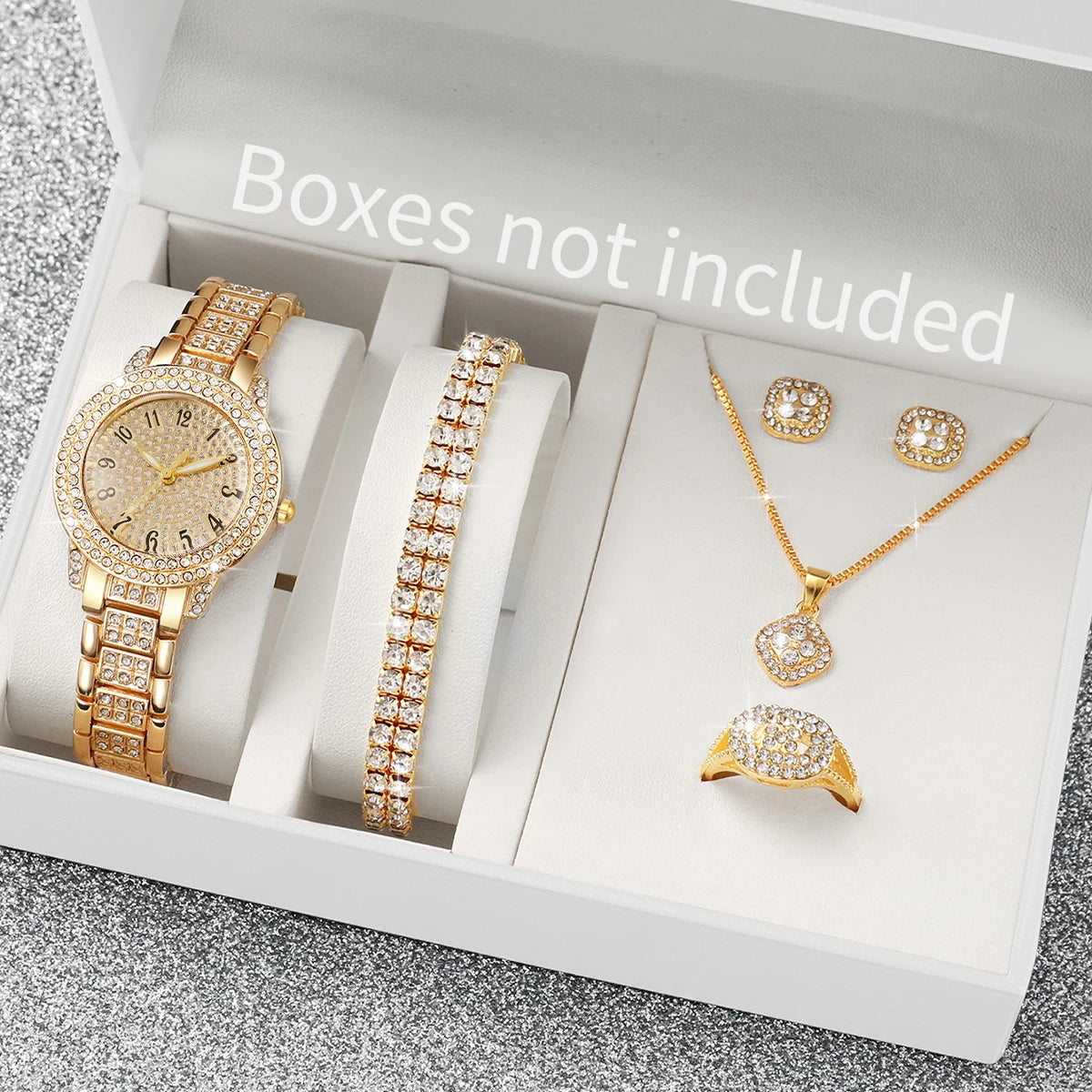 6 STÜCK Mode Volldiamant Damenuhr Gold Stahlarmband Analog Quarz Uhren Schmuckset (ohne Box)
