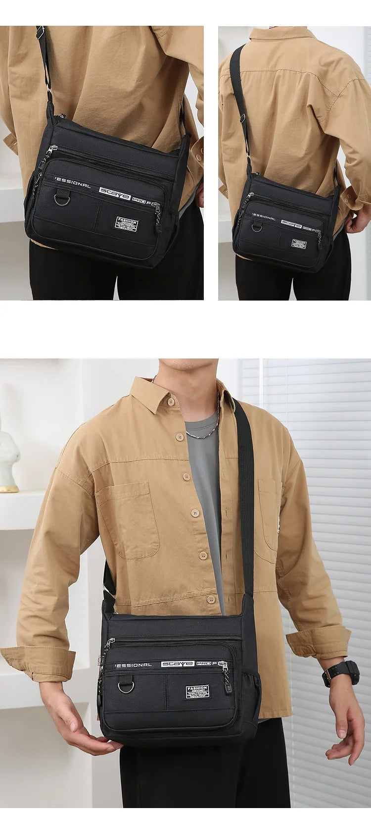 Men's cross-body bag with multi-layered pockets, adjustable shoulder strap, business single-shoulder bag