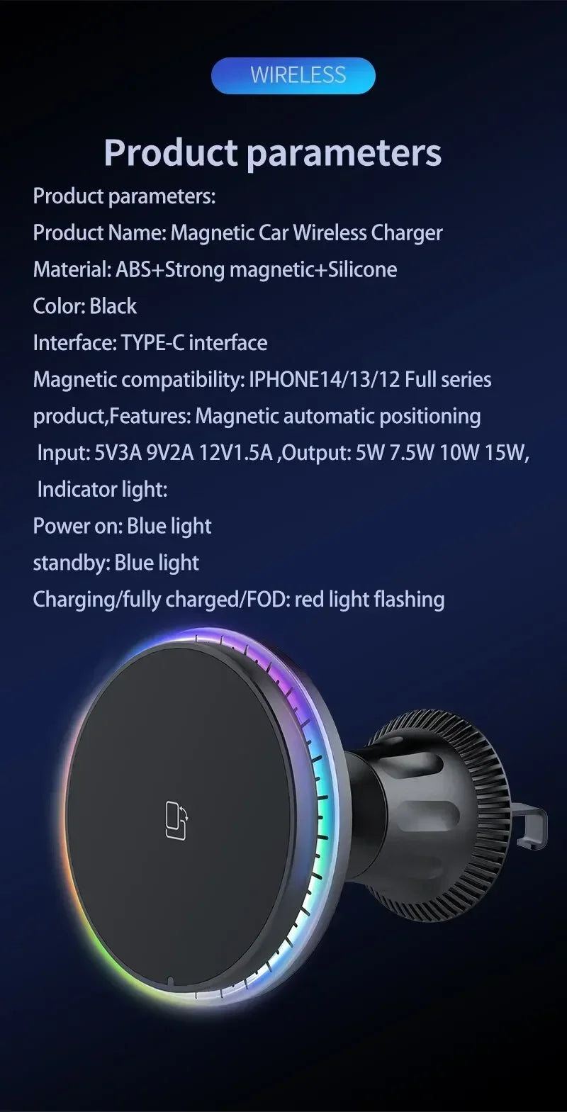 Magnetic Car Wireless Charger RGB For iPhone12 13 14 15 16 17 Pro Max Macsafe Car Phone Holder Stand Mount Fast Charging Station - Shoppiline