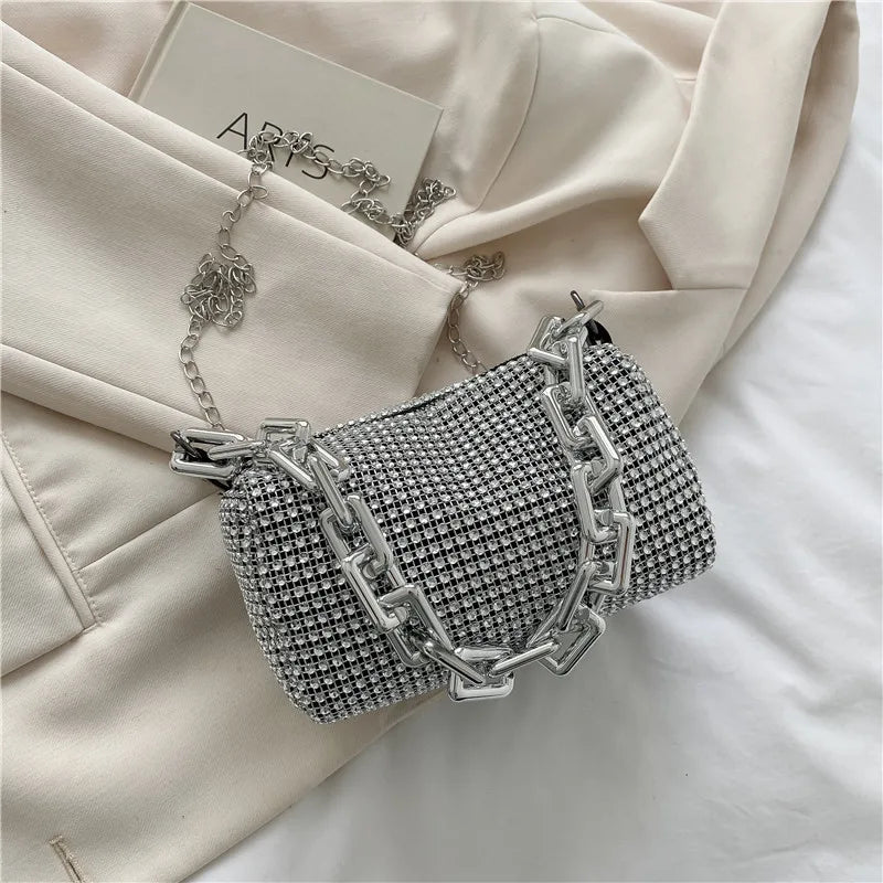 HOMEFISH Allover RhiHOMEFISH nestone Bucket Bag, Glitter Chain Prom Purse, Women's Mini Crossbody Bag