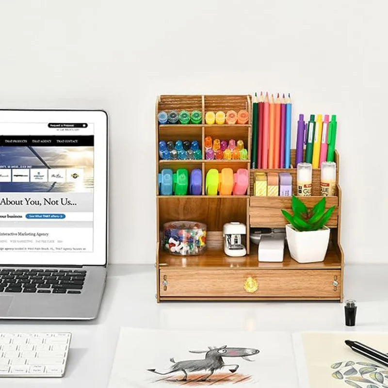 Wooden Desk Organiser DIY Desktop Tidy Pen Holder Large Capacity Stationery Storage Box with Drawer for Home Office and School - Shoppiline