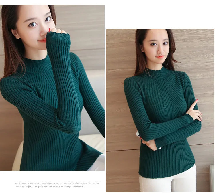 2026 Autumn Women Mock Neck Ruffles Sweater Long Sleeve Knitted Bottoming Solid Pullovers Stripe Women Casual Sweater Winter