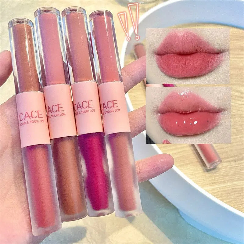 Doppelseitiger Lip Glaze Vollglanz Spiegel und mattes Samt Langzeit-Farbe und Feuchtigkeit Lip Gloss Anti-Flecken Kosmetik Lip Glaze