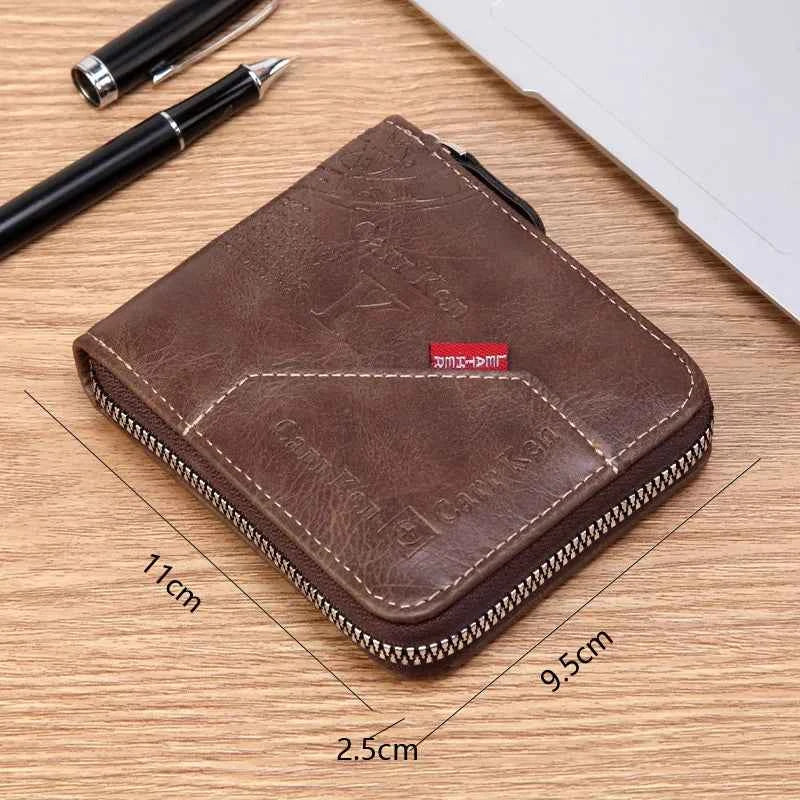 Men's PU Waxed Oil Leather Wallet Short Bifold Coin Purse with All-Around Zipper for Cash And Cards